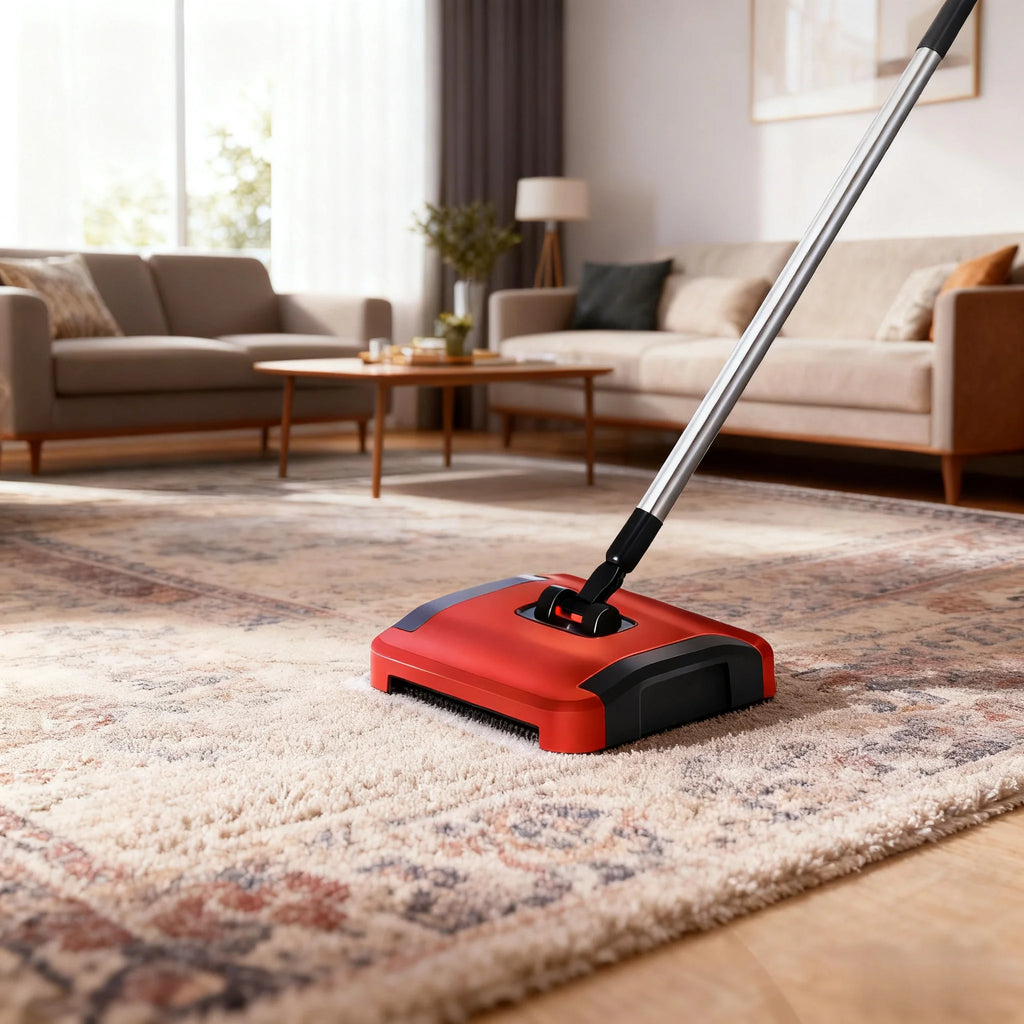 Carpet Sweeper Manual Hand Push Broom Cleaner for Rugs Dust Hair Pickup Red