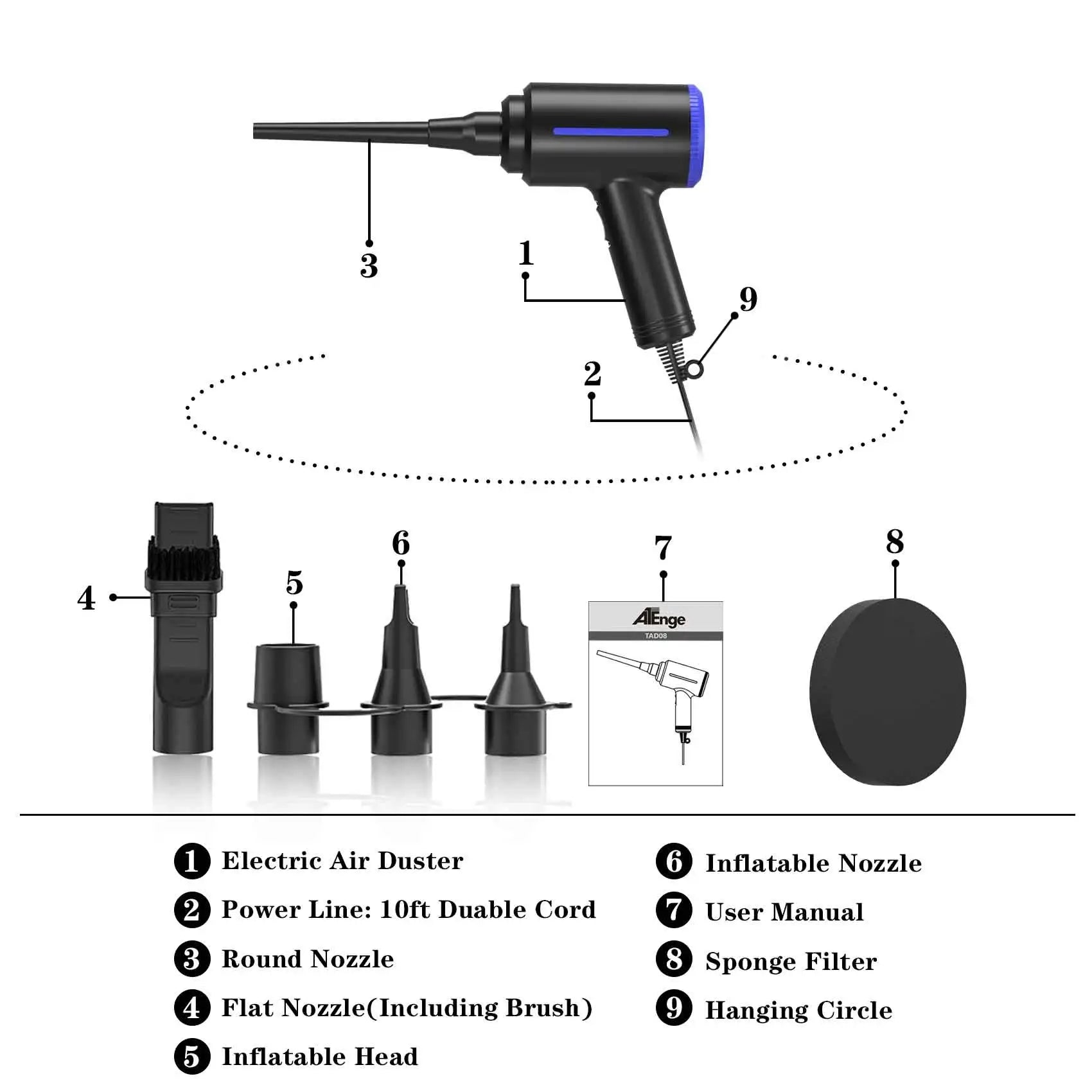 Cordless Electric Air Duster 500W Portable Handheld Blower Cleaner with 2 Speed Settings