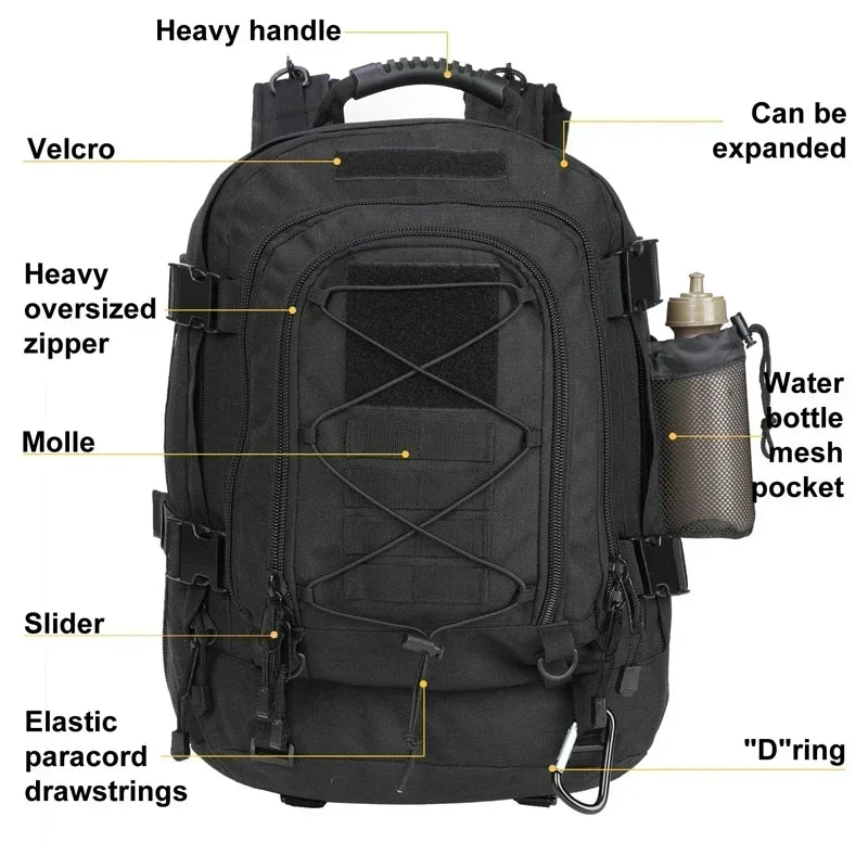 Tactical Backpack 60L Expandable Waterproof Hiking Travel Laptop Bag - Black
