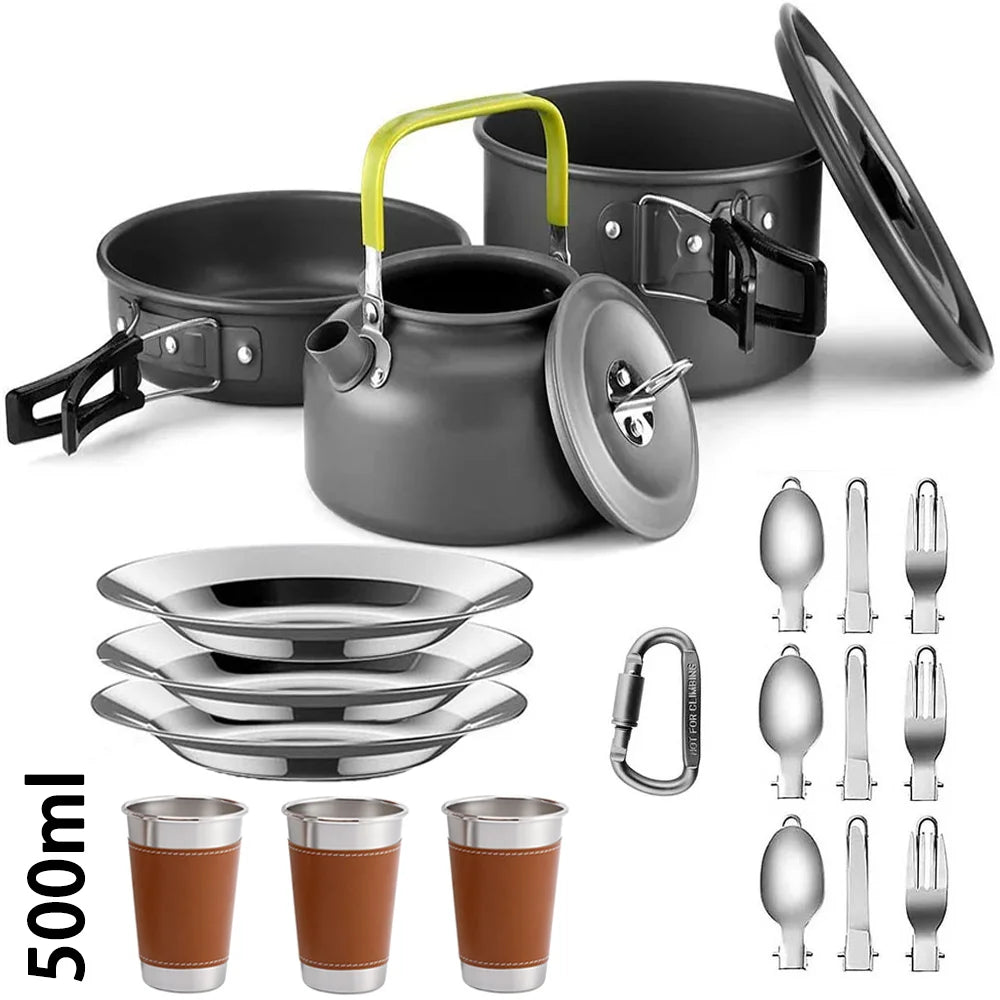 Camping Cookware Set 1-3 Person Non Stick Pots Pan Kettle Kit - 3 Stainless Steel Tableware 500 ML
