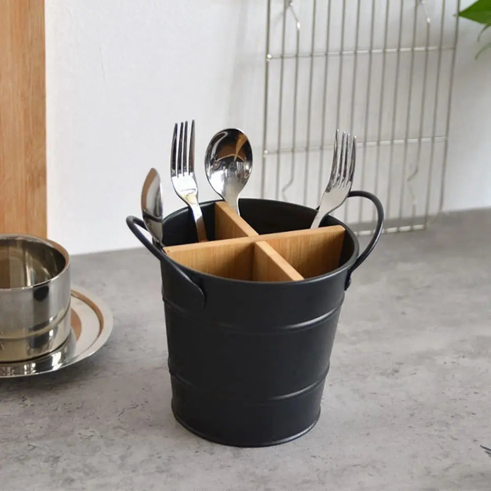 Kitchen Utensil Holder Cutlery Organizer Storage Rack with Bamboo Divider for Spoons Chopsticks and Cooking Tools – White