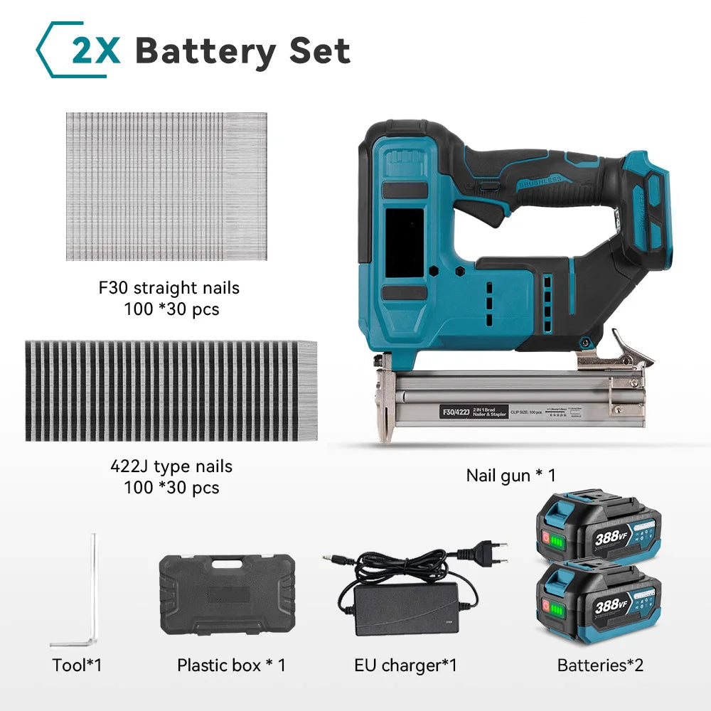 Brushless 30mm Electric Nail Gun 2-in-1 Nailer & Stapler – Cordless Framing and Tacker Tool with 2 Batteries