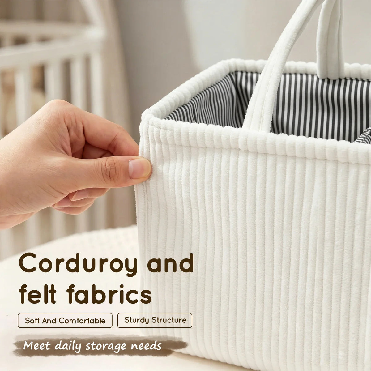 Foldable Diaper Caddy Organizer Corduroy Felt Storage Basket With Handles - Grey
