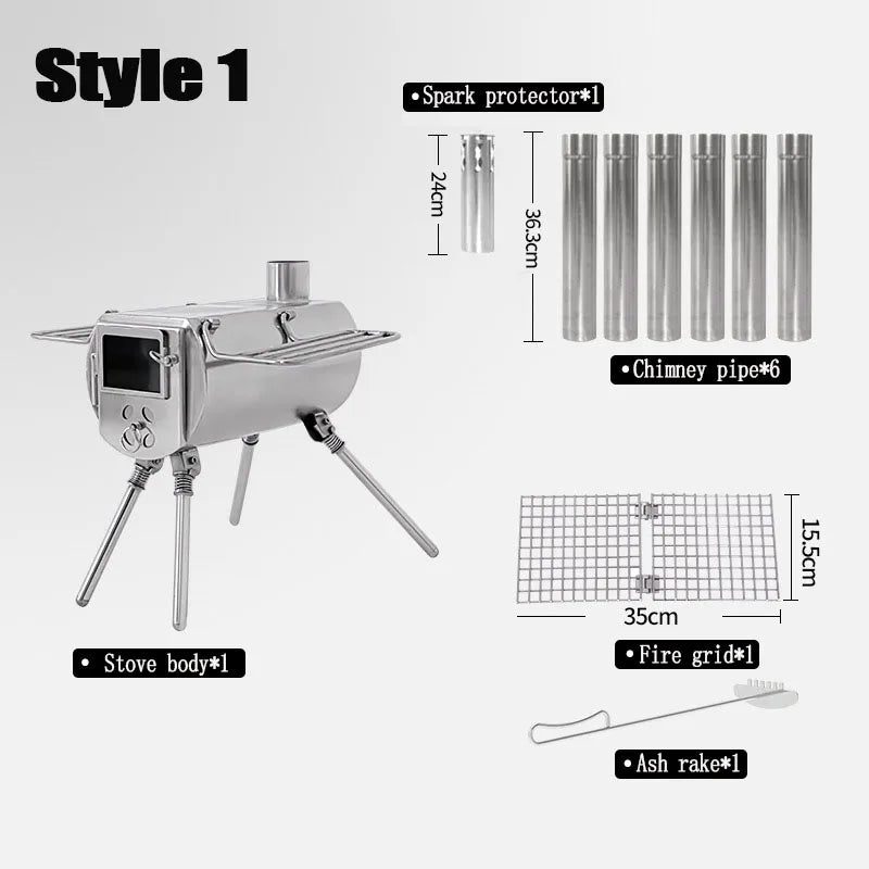 Camping Wood Stove Stainless Steel Portable Tent Heater Firewood Cooking Stove – Silver