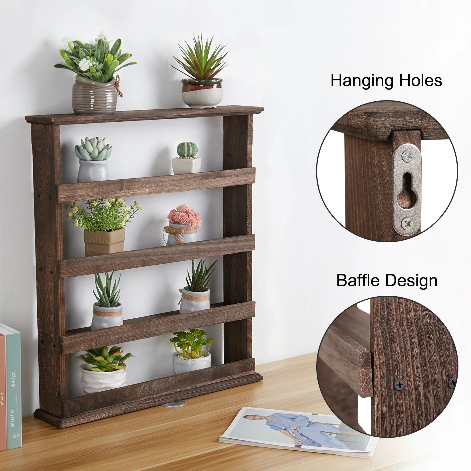 4 Tier Wall Mounted Wooden Spice Rack Floating Storage Shelf Kitchen Organizer – Brown