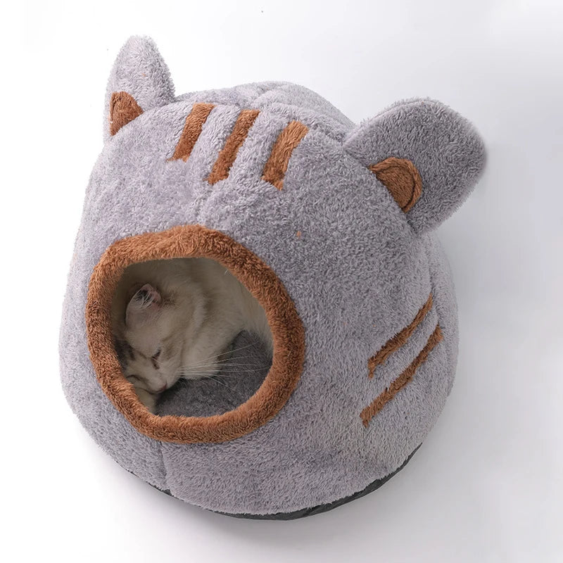 Pet Cave Bed Plush Bear Head Enclosed Indoor House with Removable Cushion - Grey