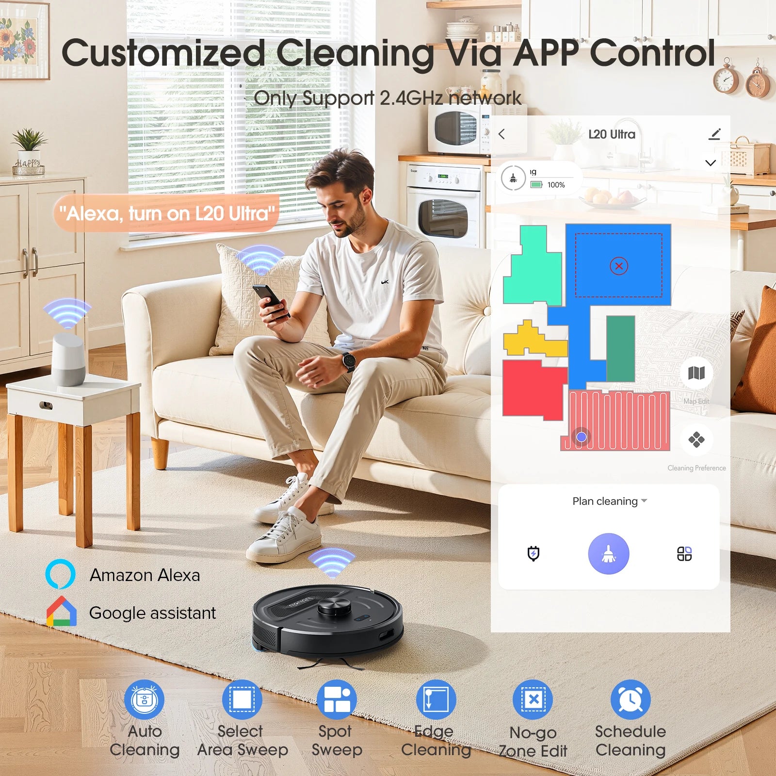 Robot Vacuum Cleaner 6000Pa LiDAR Navigation Vacuum Mop with Smart Mapping WiFi App Control Alexa