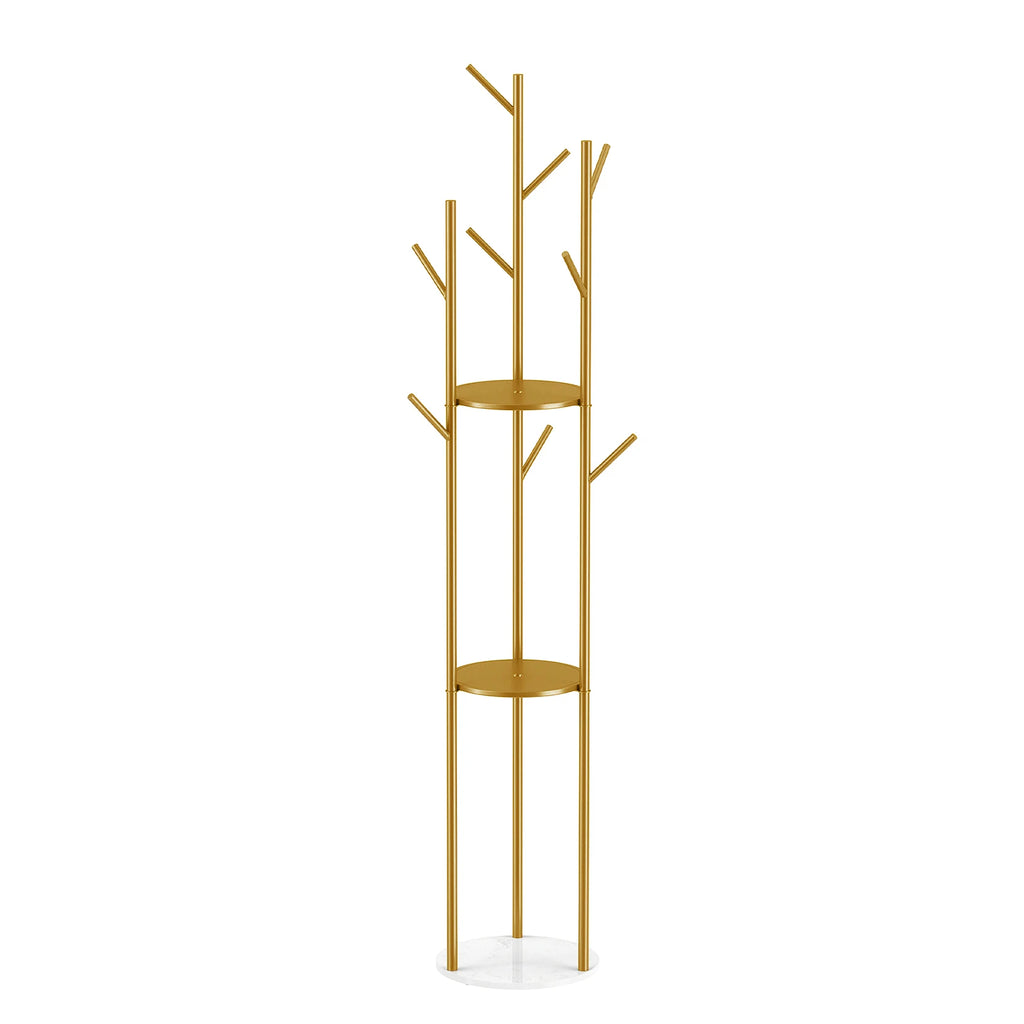 Coat Rack Stand 172cm Metal Hall Tree with Marble Shelf 9 Hooks Freestanding - Gold