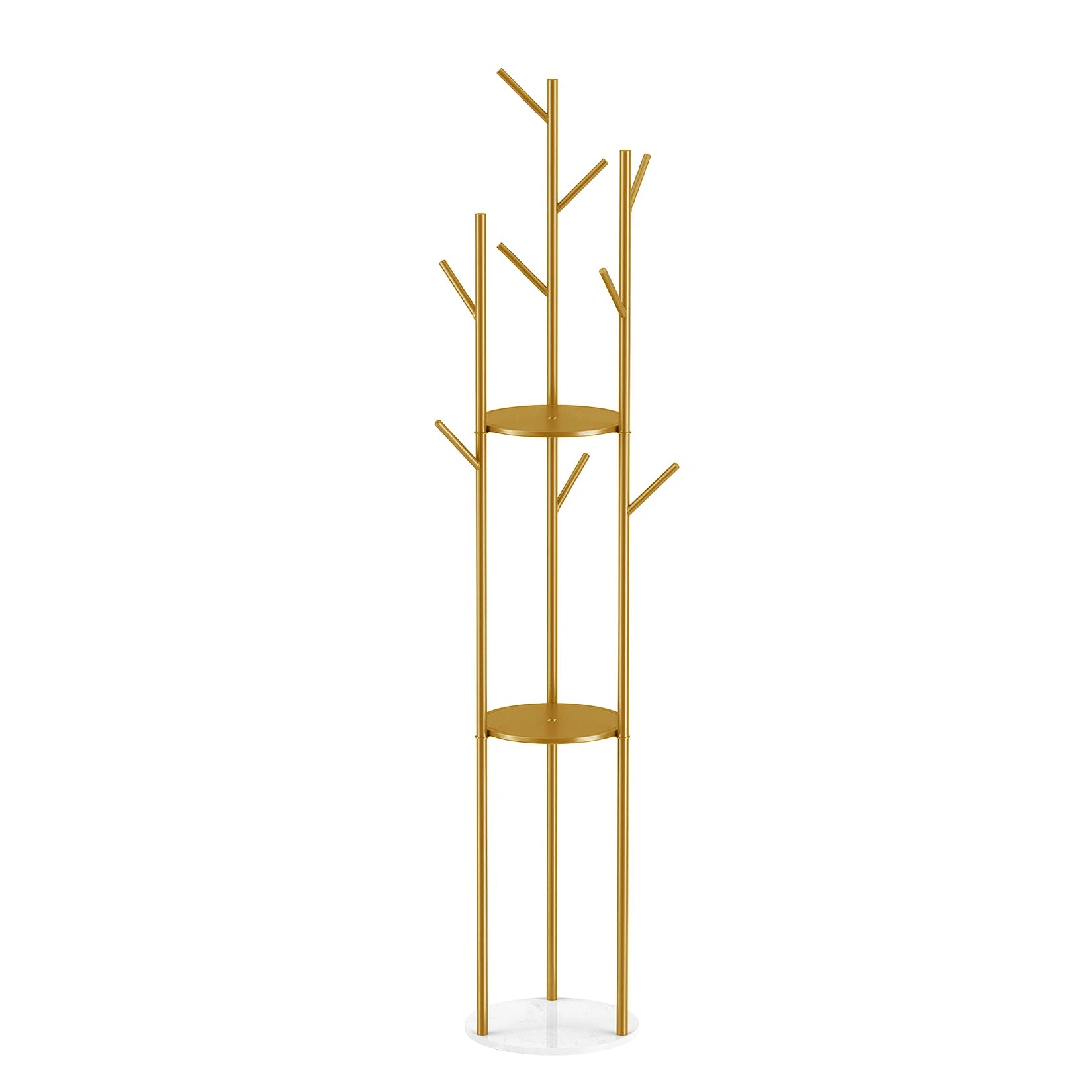 Coat Rack Stand 172cm Metal Hall Tree with Marble Shelf 9 Hooks Freestanding - Gold
