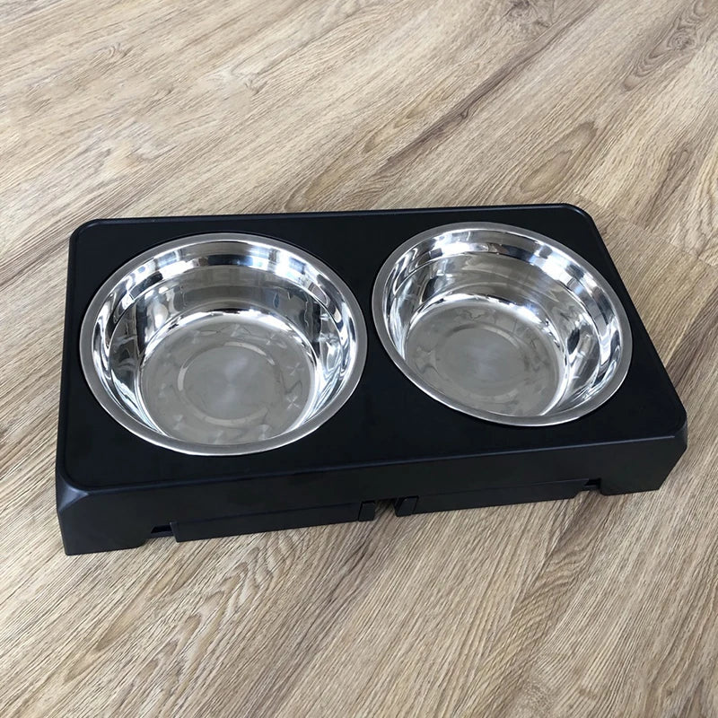 Elevated Dog Feeder Adjustable Raised Stand 2 Stainless Steel Bowls - Black