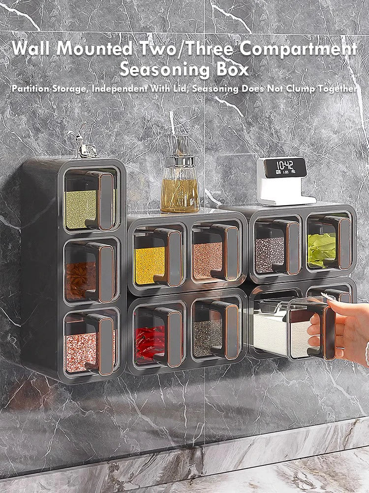Seasoning Box 2 Compartment Wall Mounted Spice Storage Container Sealed Organiser – White