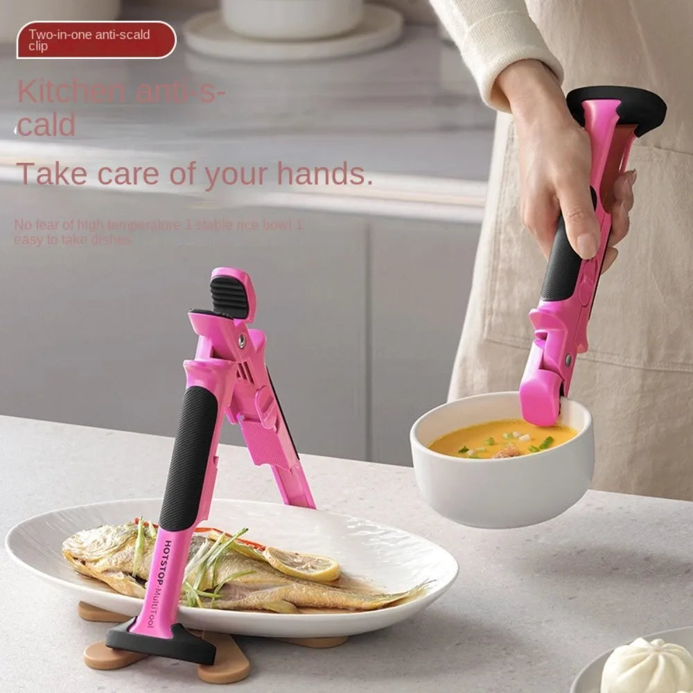 2 in 1 Anti Scald Bowl Gripper Heat Resistant Silicone Plate Lifter Clip – Pink