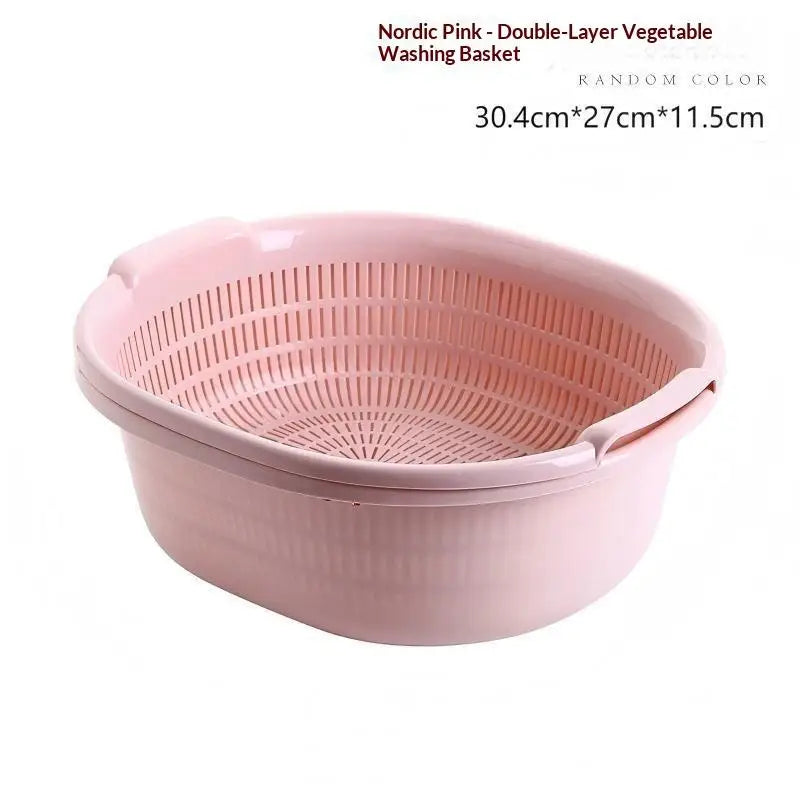 Double Layer Colander Set 30.4cm Plastic Vegetable Fruit Washing Bowl - Pink