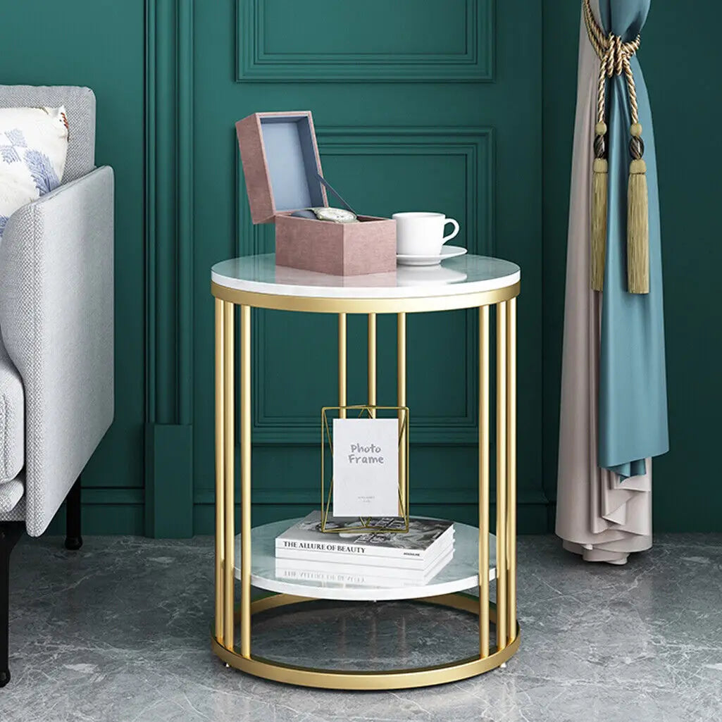 2-Tier Round Side Table with Marble-Style Top and Storage Shelf Gold and White