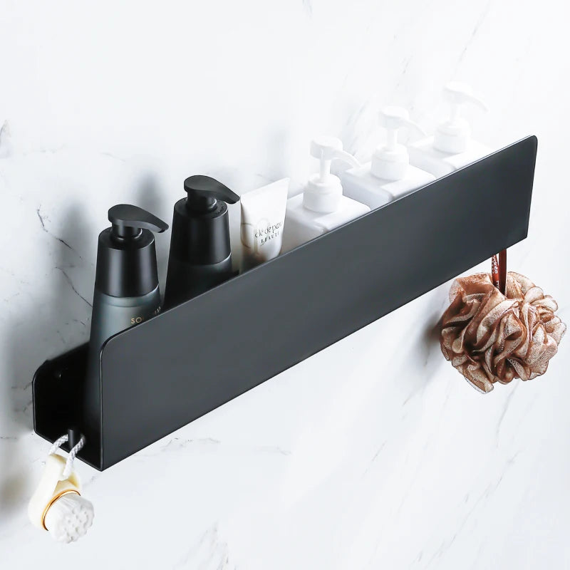 Bathroom Shelf 30cm Wall Mounted Aluminum Storage Rack Single Tier Organizer with Hooks - Gray