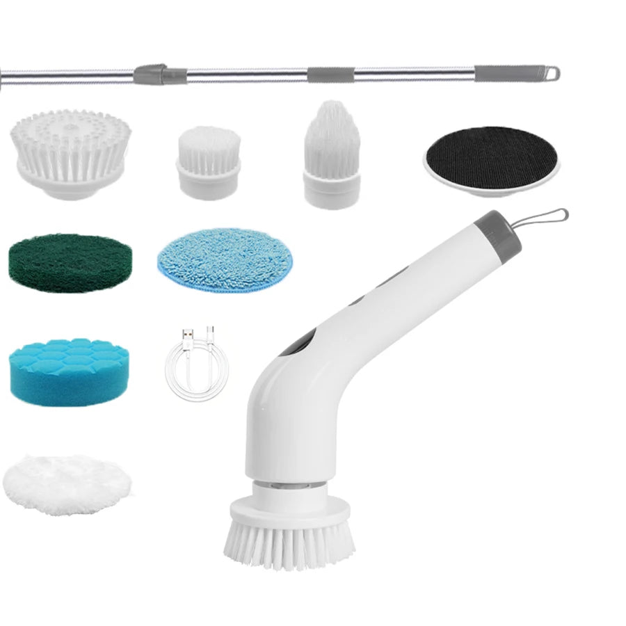 Cordless Electric Spin Scrubber Adjustable Cleaning Brush with 8 Brush Heads USB Rechargeable – White