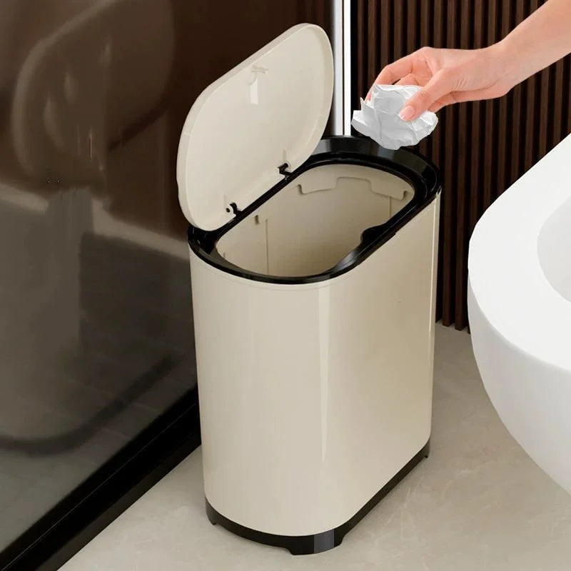 Press Lid Trash Can Narrow Design with Cover for Bathroom Kitchen and Living Room Beige