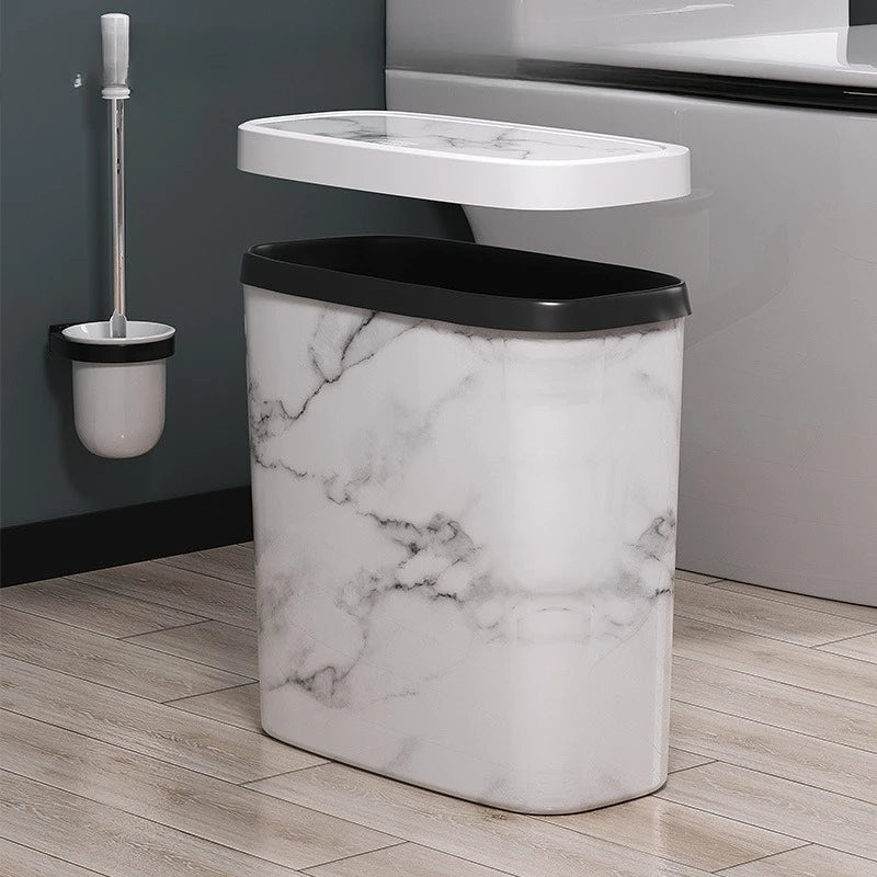 Slim Trash Can Wood Grain Design Swing Lid Compact Garbage Bin for Bathroom Kitchen White