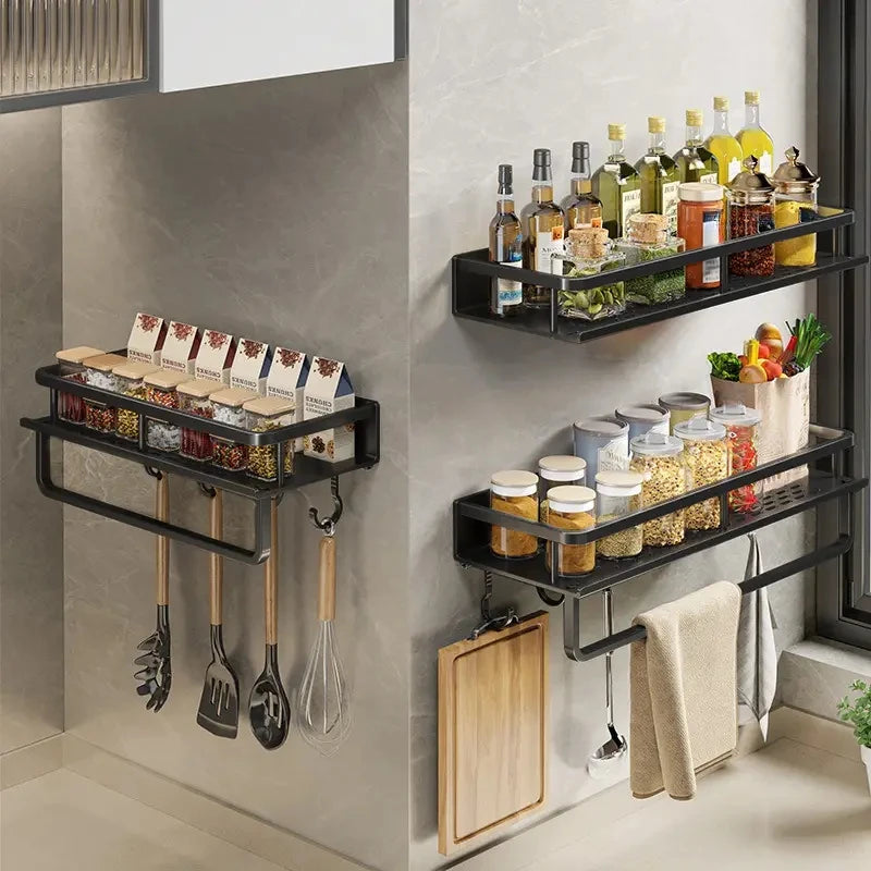 Wall Mounted Aluminum Kitchen Spice Rack with Hook Bar Storage Shelf Organizer – 40cm