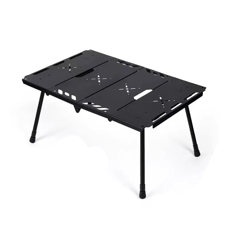 Folding Camping Table Adjustable Height Aluminium Frame with Side Rack - Black