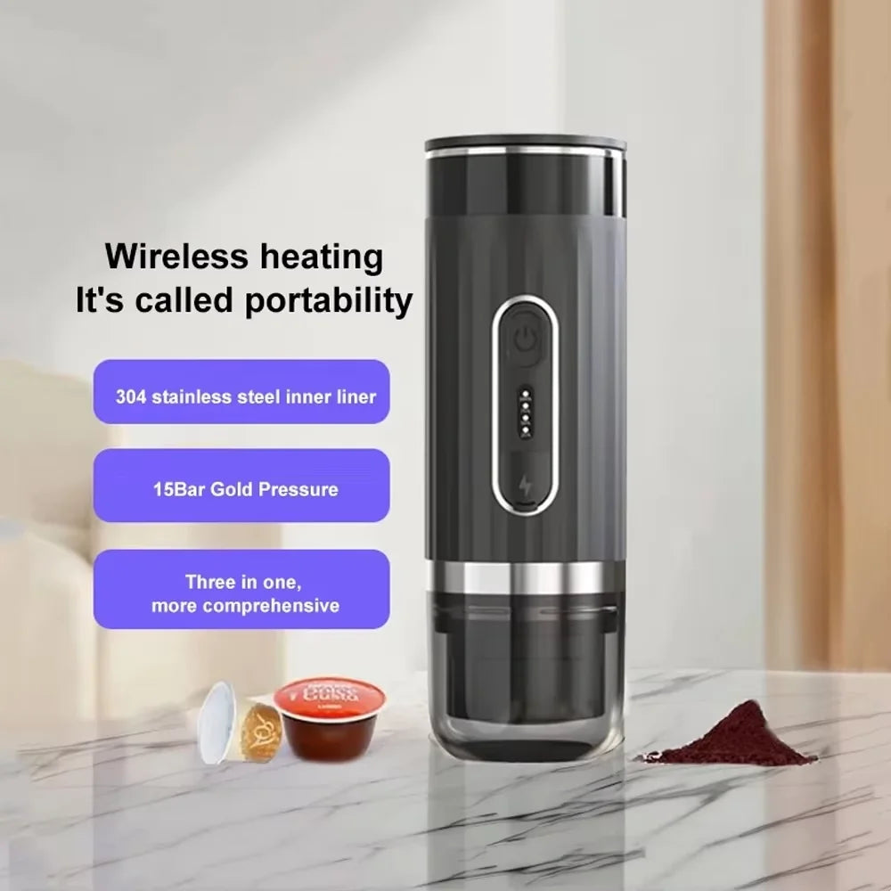 Portable Espresso Coffee Maker Wireless 3 in 1 Capsule Powder Machine 80ml - Black