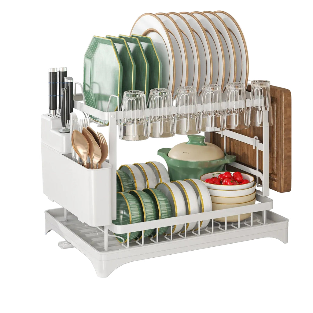 Stainless Steel Dish Rack – 2-Tier Hygienic Drying – Premium Carbon Steel Kitchen Organizer – Space-Saving White