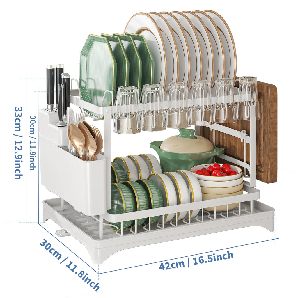 Stainless Steel Dish Rack – 2-Tier Hygienic Drying – Premium Carbon Steel Kitchen Organizer – Space-Saving White