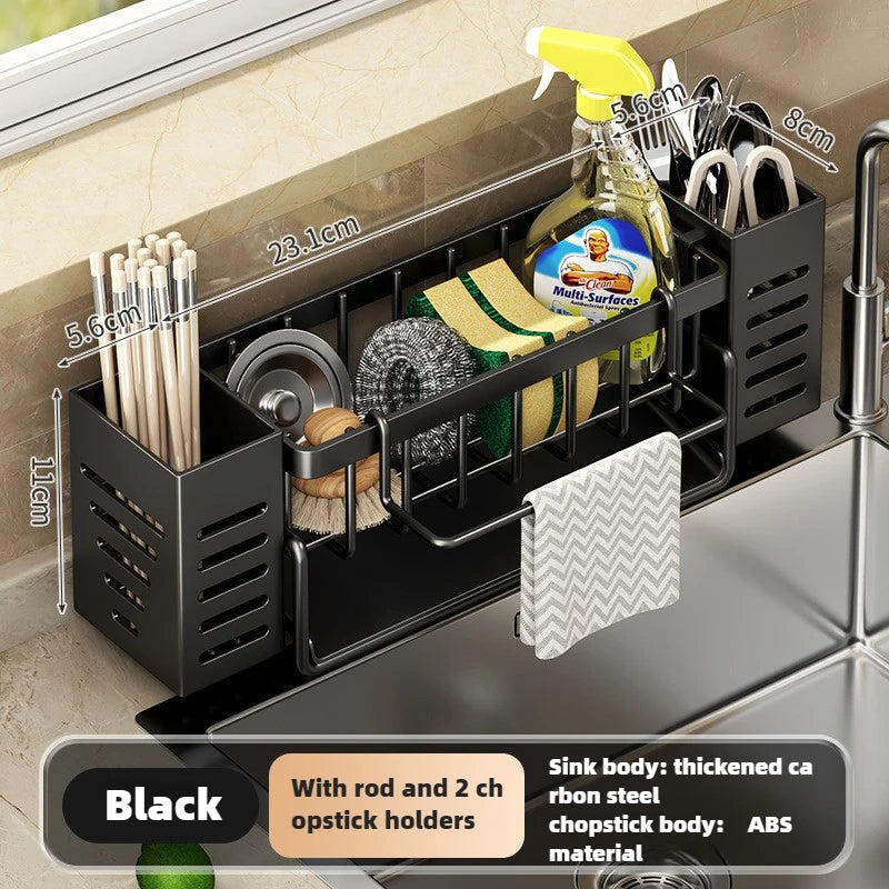 Sink Caddy Self Draining Sponge and Brush Holder Kitchen Sink Organiser - Black