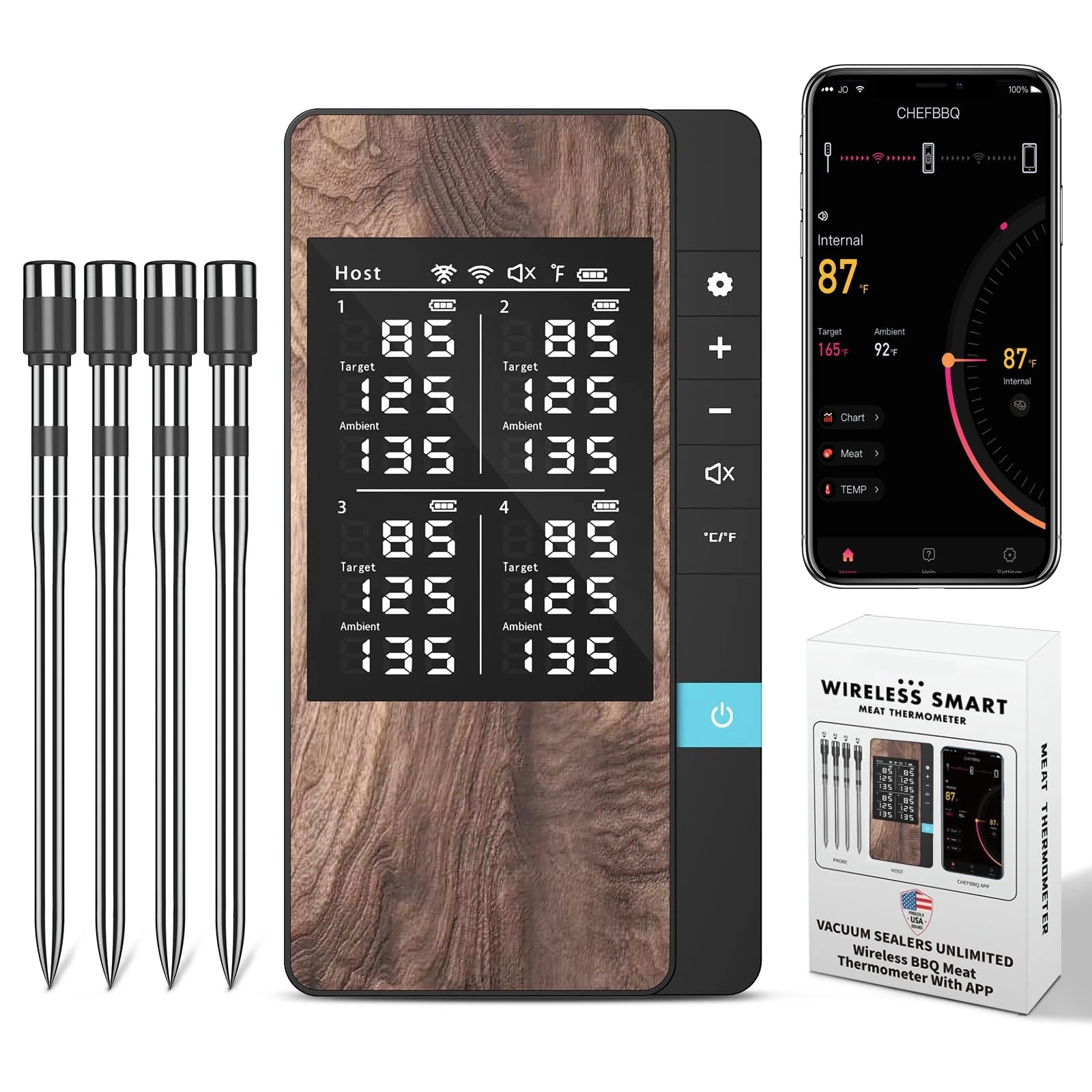 Wireless Digital Meat Thermometer Bluetooth Probe Thermometer with LCD Screen & Mobile App 4 Probes