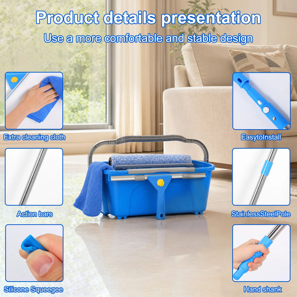 Window Cleaning Kit 12L Adjustable Long Handle Squeegee and Microfibre Scrubber with Bucket