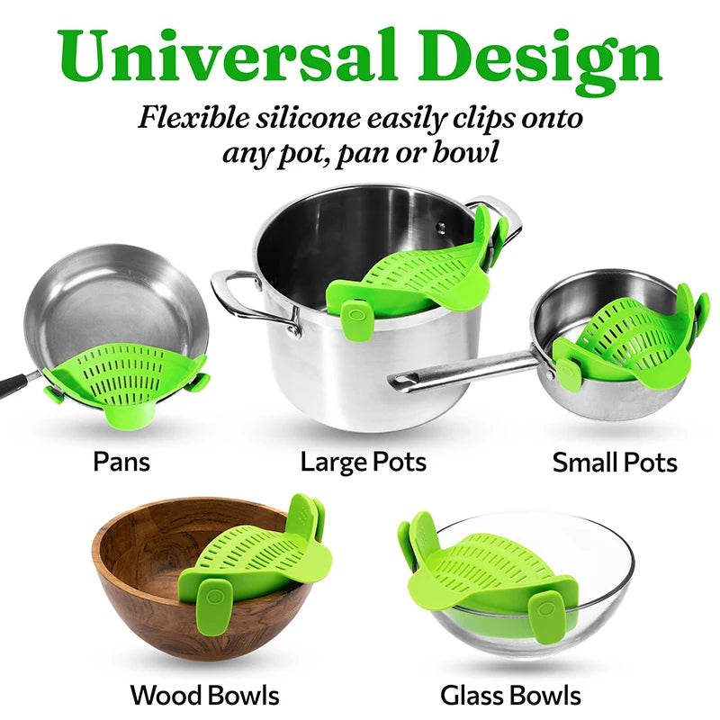 Kitchen Strainer Clip-On Silicone Colander for Pots Pans Bowls Space Saving Design - Black