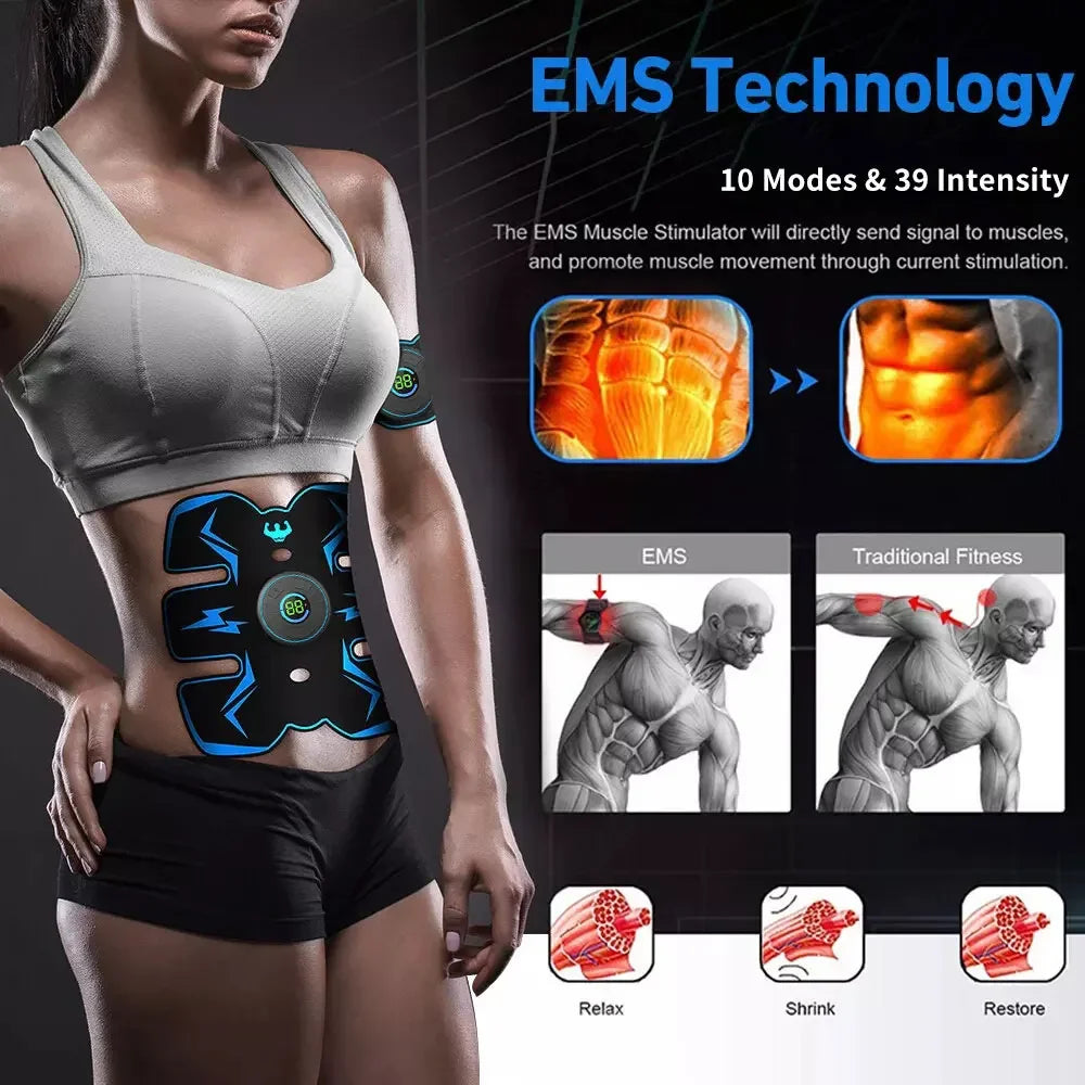EMS Muscle Stimulator Wireless Abdominal Trainer Rechargeable Fitness Toning Device - Blue