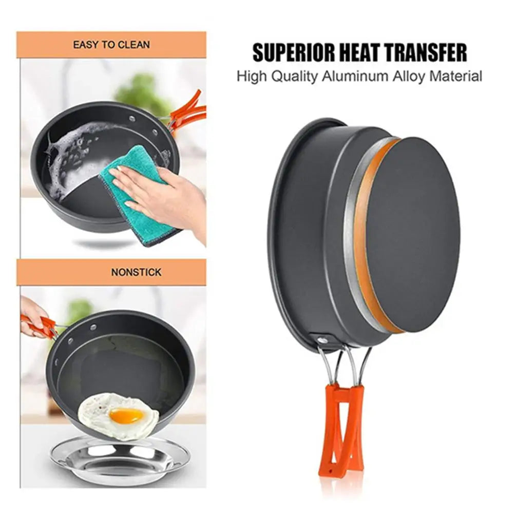 Camping Cookware Set 2-3 Person Aluminum Pots Pans Kettle Kit - Black
