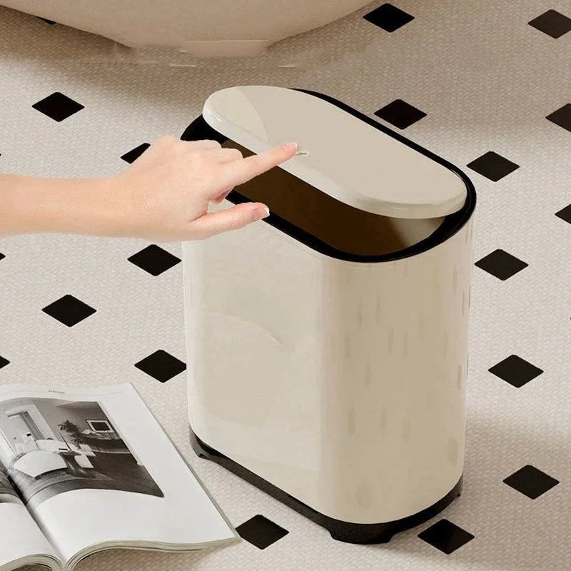Press Lid Trash Can Narrow Design with Cover for Bathroom Kitchen and Living Room Beige