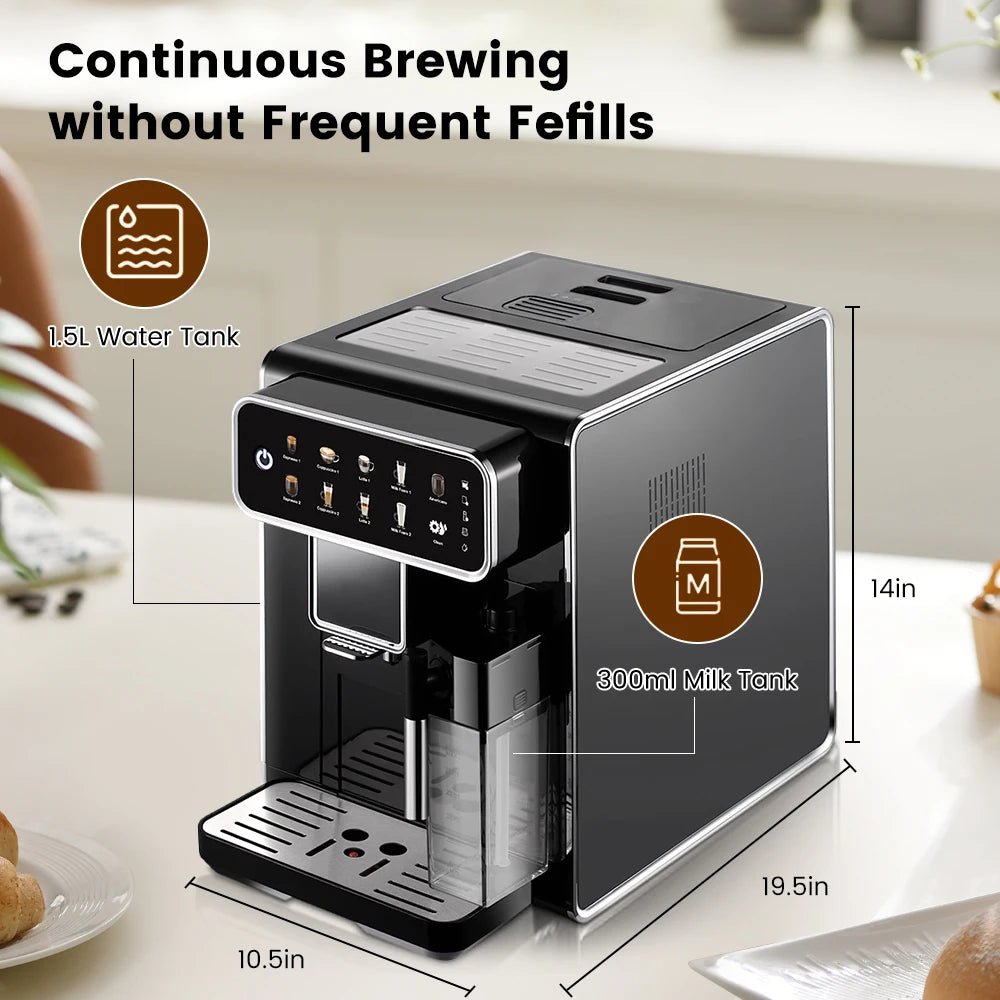 Coffee Machine 1200W Automatic Espresso Maker with Milk Frother Touch Control – Black