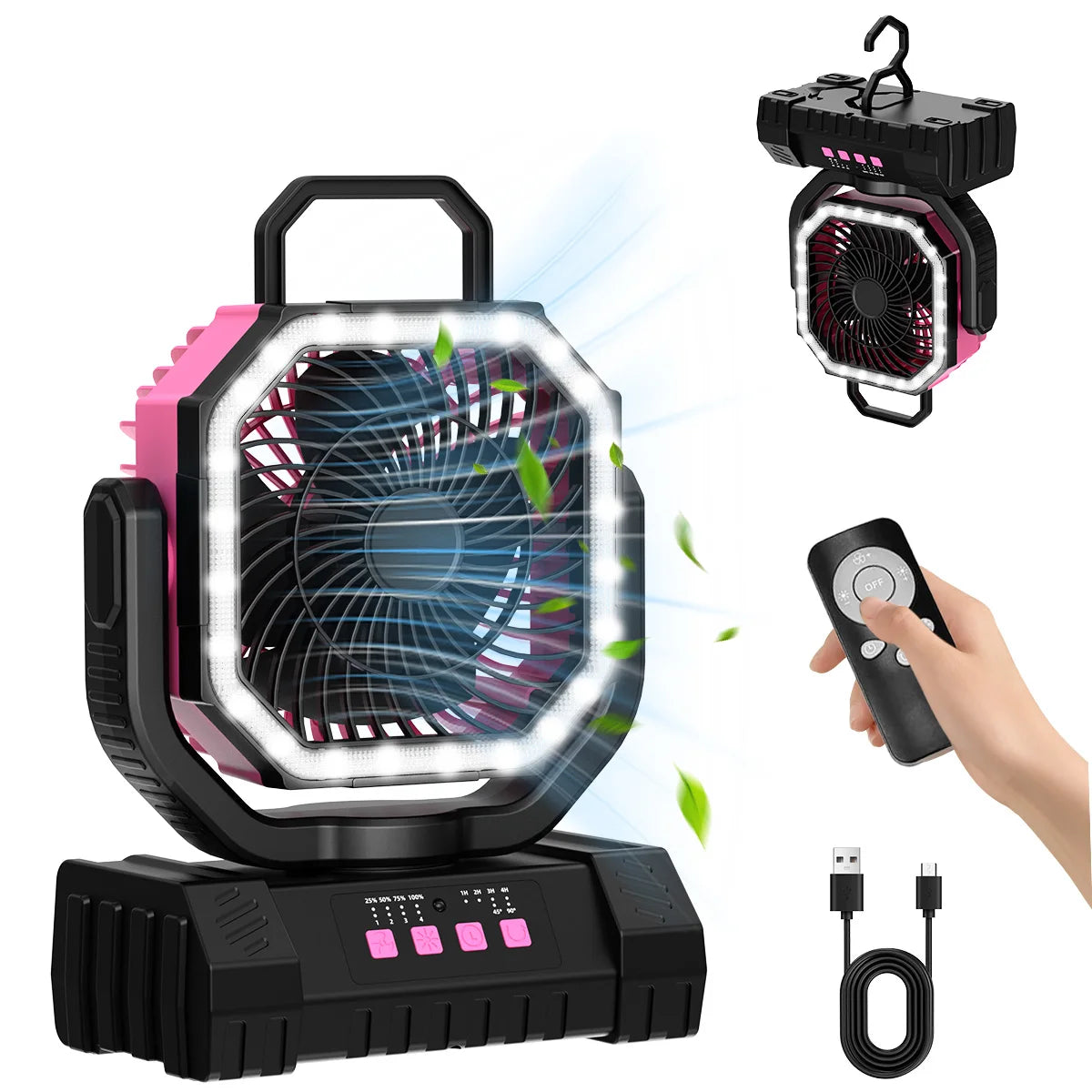Camping Fan 20000mAh Rechargeable Portable Tent Air Circulator with LED Light – Pink