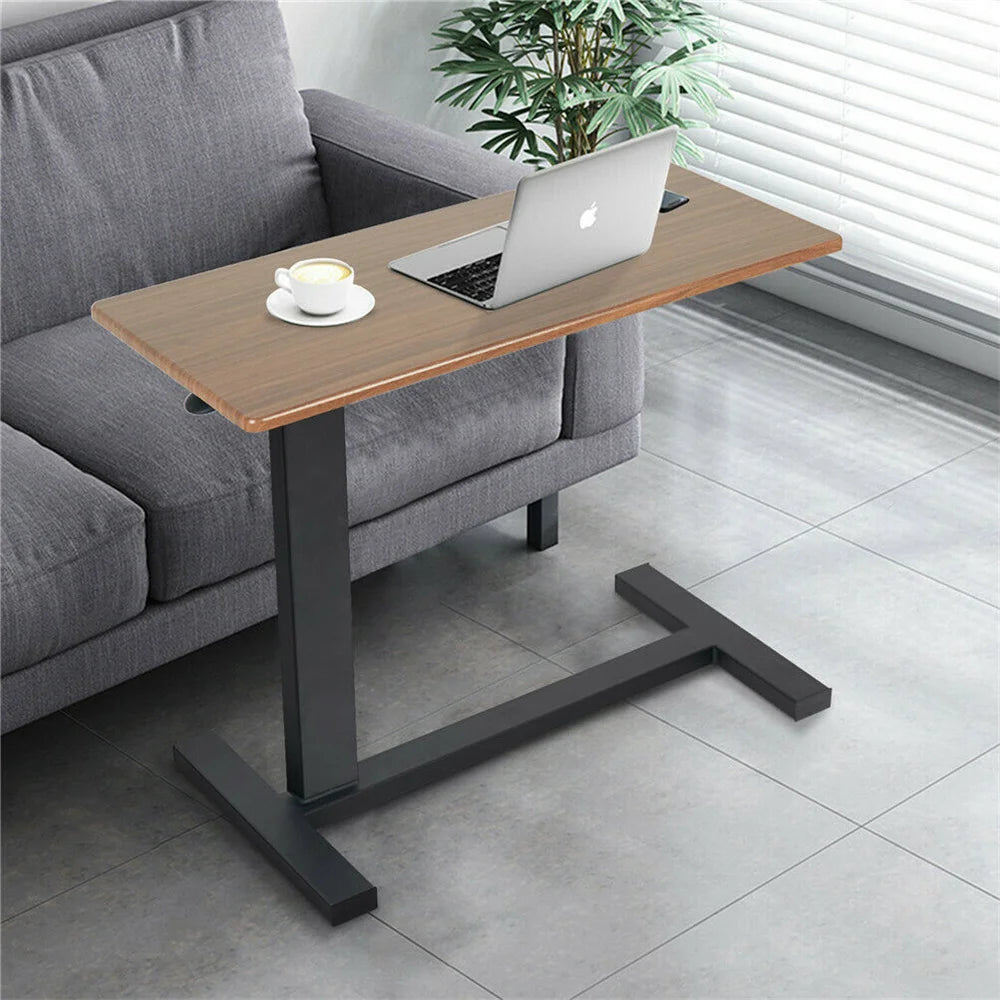 Overbed Laptop Table Adjustable Height Rolling Desk 80cm Wooden Top Bedside Stand - Brown