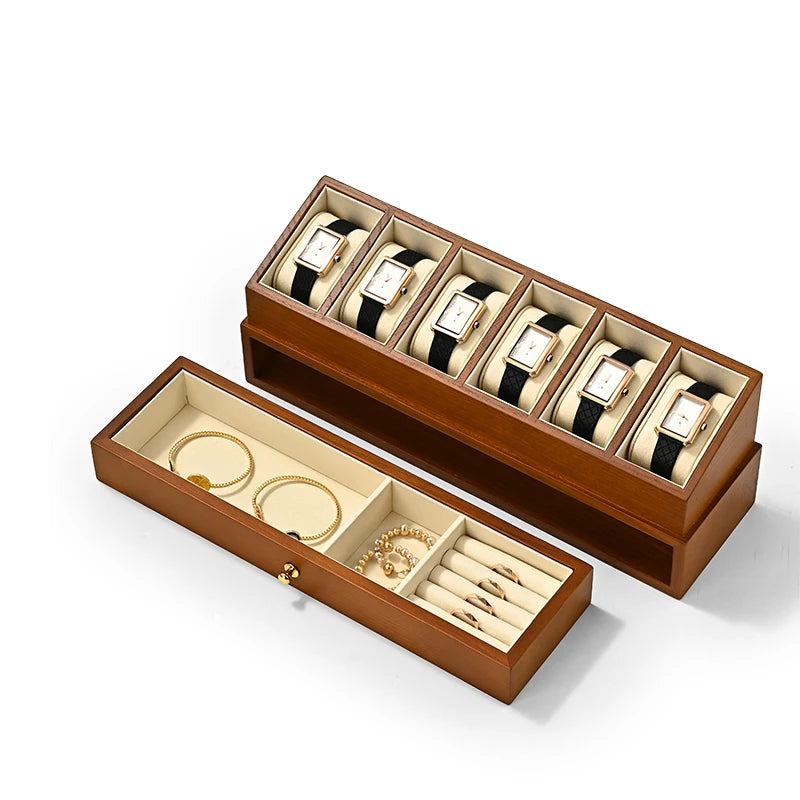 Watch Organizer Box Foldable Double Layer Wooden 6 Grid Display Case Transparent Lid - Black