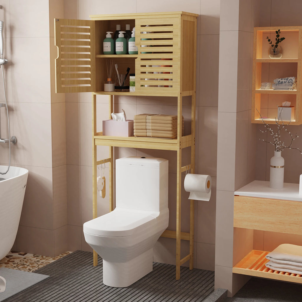 Over the Toilet Storage Cabinet with Adjustable Shelves Freestanding Bamboo Bathroom Organizer – Natural Wood