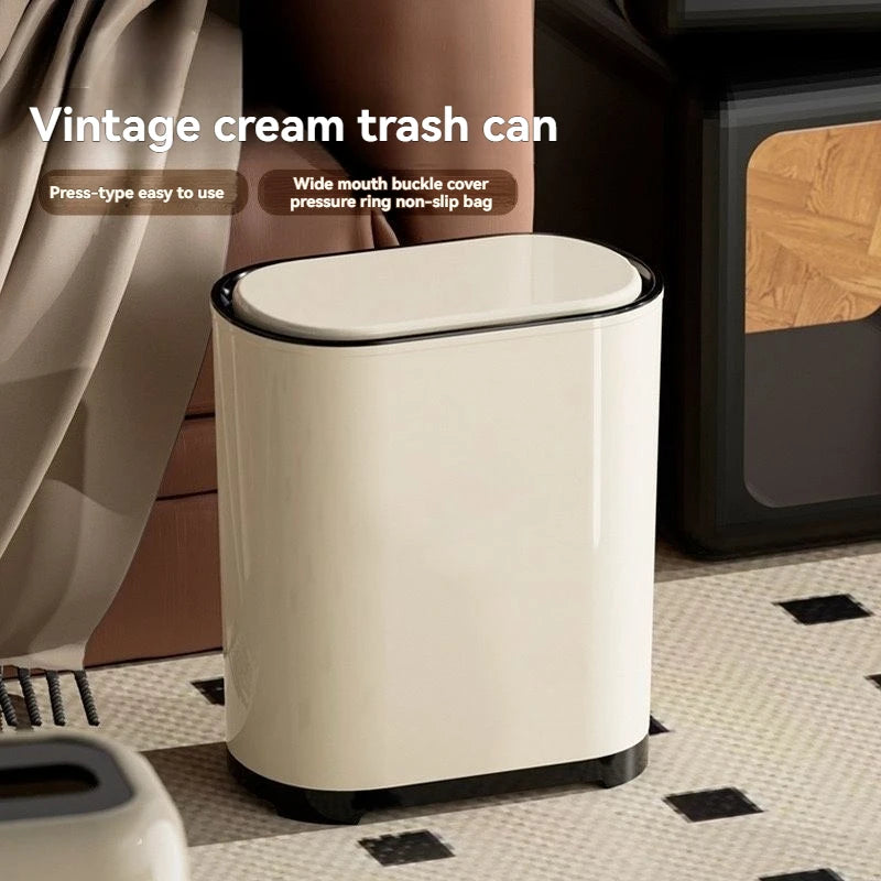 Press Lid Trash Can Narrow Design with Cover for Bathroom Kitchen and Living Room Beige