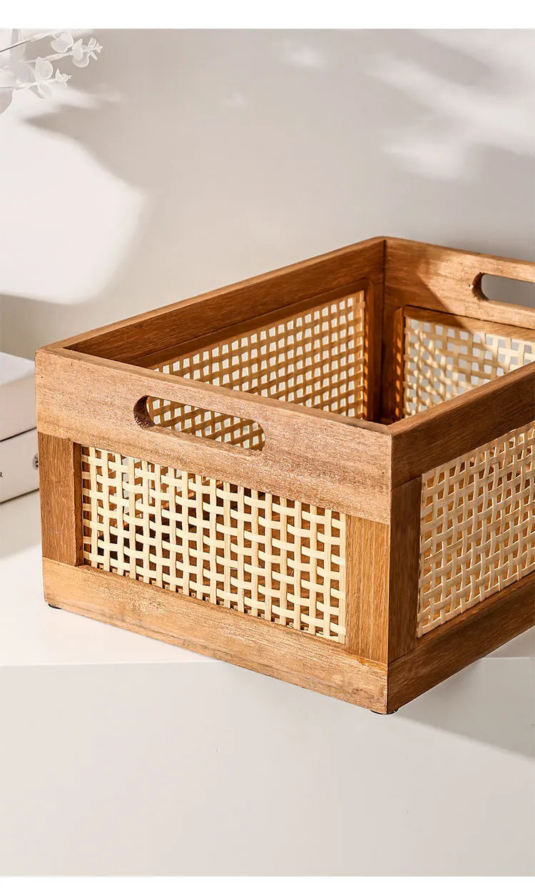 Storage Basket Portable Solid Wood Rattan Woven Desktop Organizer 35x25x16cm