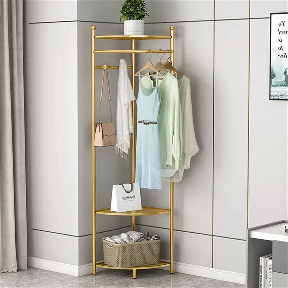 Freestanding Gold Coat Rack with Storage Shelves Heavy Duty Metal Hall Tree for Bedroom Entryway and Hallway