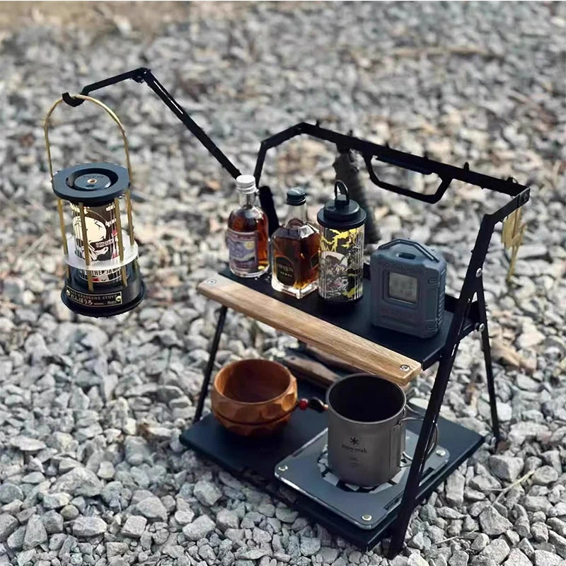Camping Shelf Table Folding Outdoor Storage Rack with Lantern Hook – Silver