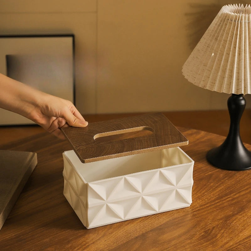 Large Capacity Ripple Tissue Box Cover with Wooden Lid Modern Desktop Tissue Holder Home Organizer – Green