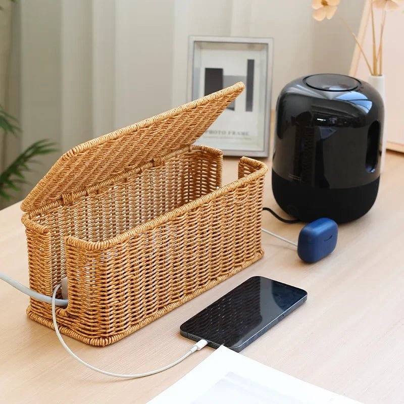 Rattan Cable Management Box Handmade Woven Cord Organiser for Desk & TV - Brown