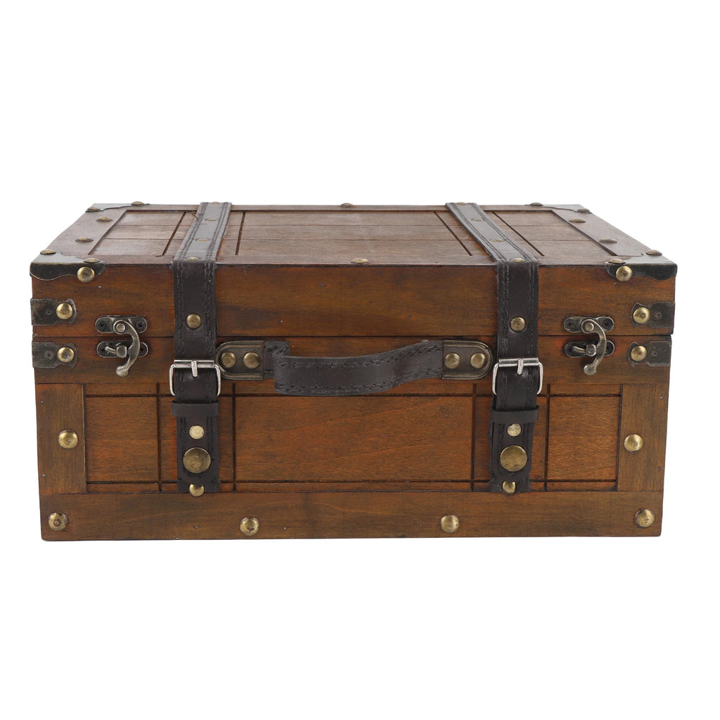 Wooden Storage Trunk Portable Vintage Handbag Style 34.3 cm Heavy Duty Multifunction Box