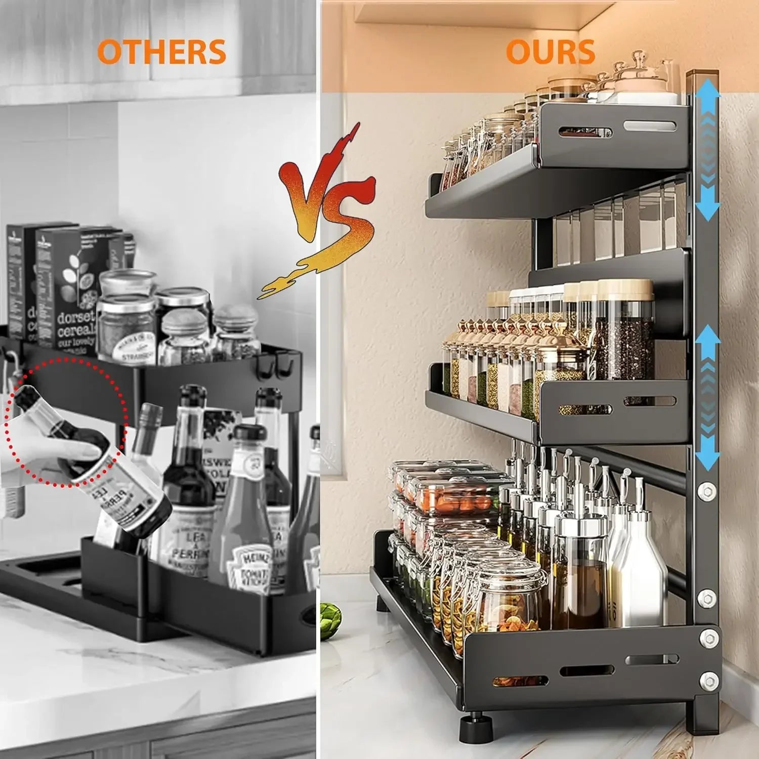 3 Tier Spice Storage Rack 30cm Adjustable Steel Countertop Organizer Black