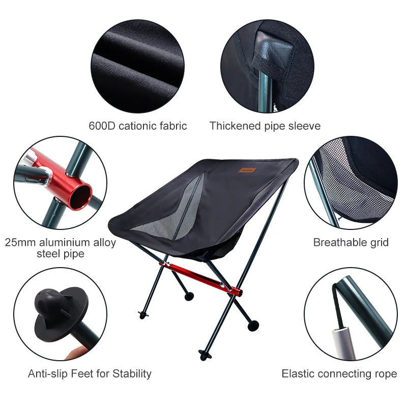 Camping Folding Chair 1.3kg Ultralight High Back Portable Outdoor Seat – Black
