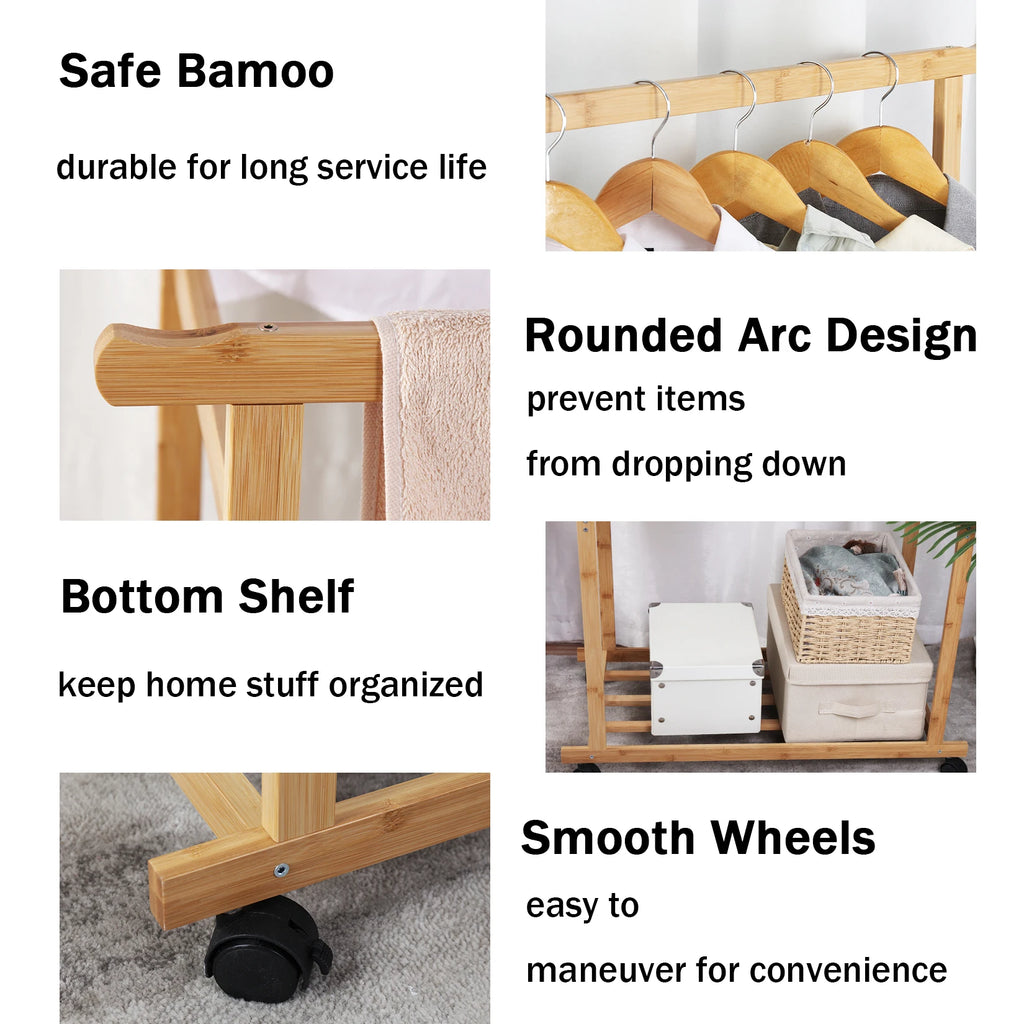 Double Rod Bamboo Clothes Rack with Rolling Wheels Freestanding Garment Stand with Storage Shelf – Natural Wood