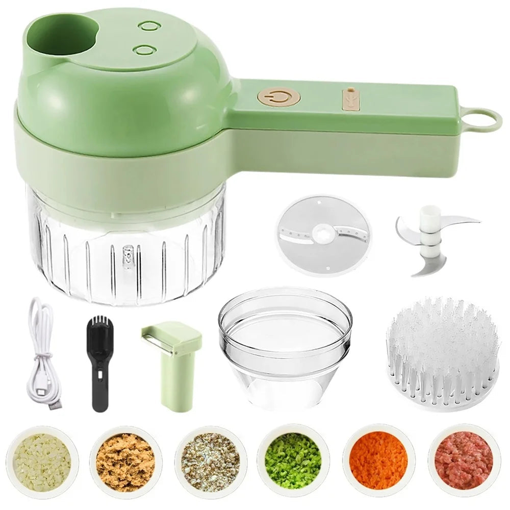 Electric Vegetable Slicer 4 in 1 USB Rechargeable Food Chopper Garlic Crusher Meat Grinder – Green